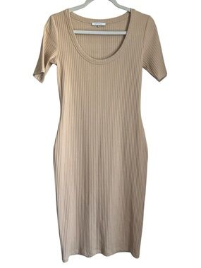 Ninety Percent Beige Ribbed Bodycon Dress - Size Large - organic cotton